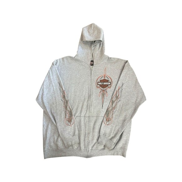 Harley Davidson Flame Sleeve Graphic Full Zip Hoodie Skull Wings Grunge Abstract - Picture 1 of 16